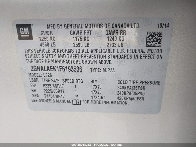 Продажа на аукционе авто 2015 Chevrolet Equinox Ls, vin: 2GNALAEK1F6193536, номер лота: 38014243