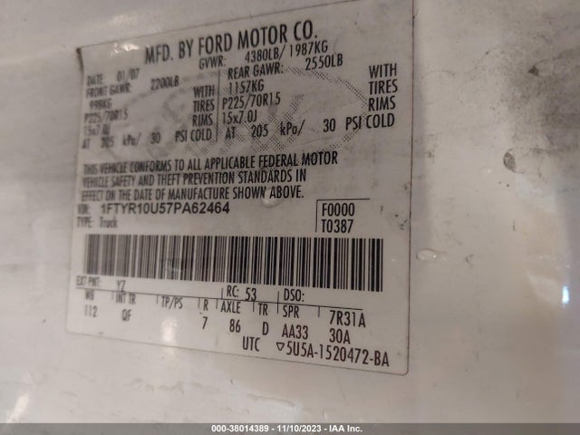 2007 FORD RANGER SPORT/STX/XL/XLT VIN: 1FTYR10U57PA62464