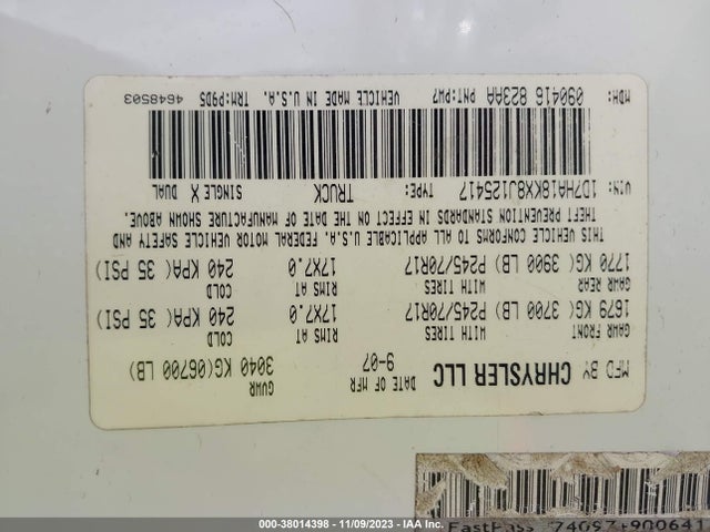 2008 DODGE RAM 1500 ST/SXT VIN: 1D7HA18KX8J125417