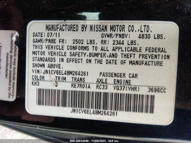 2011 INFINITI G37X VIN: JN1CV6EL4BM264261