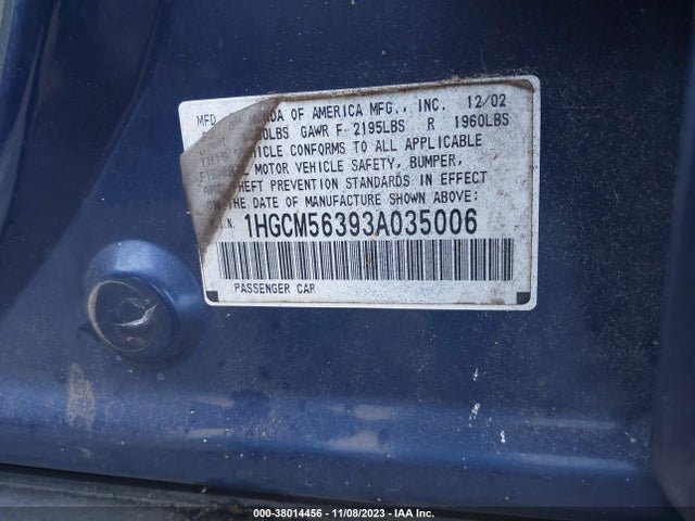 2003 HONDA ACCORD 2.4 LX VIN: 1HGCM56393A035006