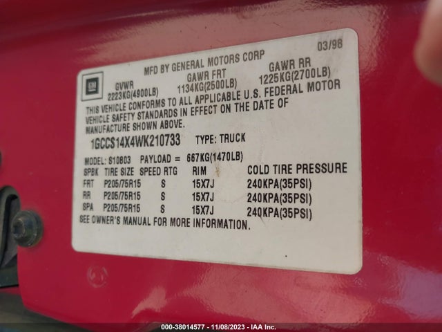 1998 CHEVROLET S-10 FLEETSIDE VIN: 1GCCS14X4WK210733