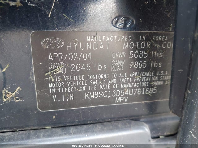 2004 HYUNDAI SANTA FE GLS VIN: KM8SC13D54U761685