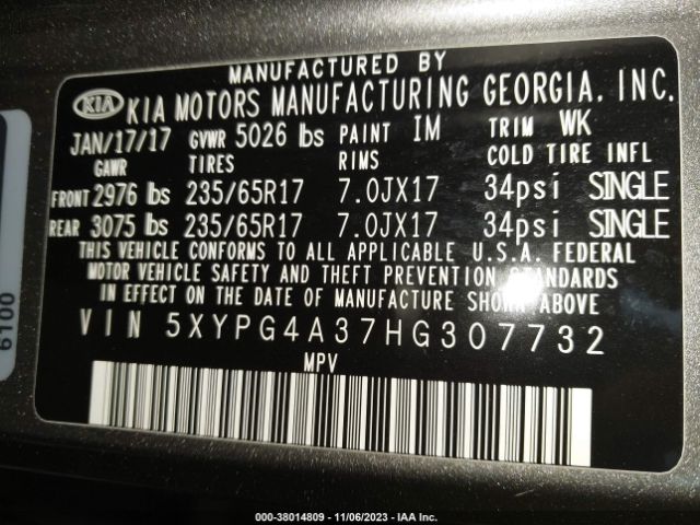 5XYPG4A37HG307732 KIA Sorento 2.4l Lx