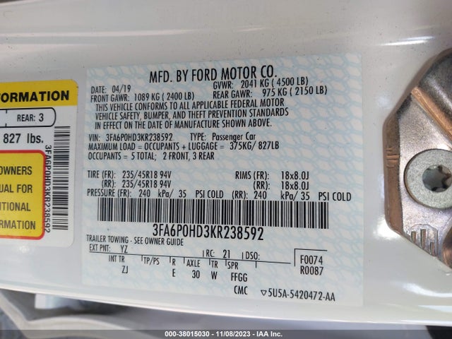 Ford FUSION SE 2019 3FA6P0HD3KR238592 Image 9