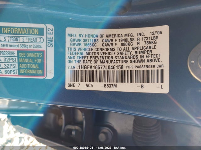 2007 HONDA CIVIC LX VIN: 1HGFA16577L046158