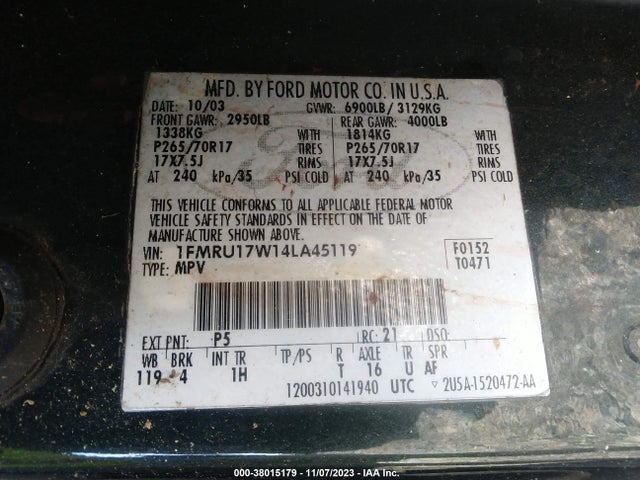2004 FORD EXPEDITION EDDIE BAUER VIN: 1FMRU17W14LA45119