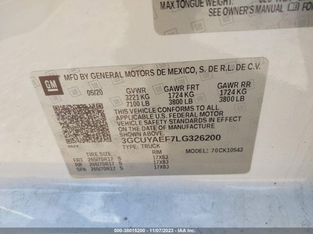 3GCUYAEF7LG326200 Chevrolet Silverado 1500 4wd  Short Bed Wt