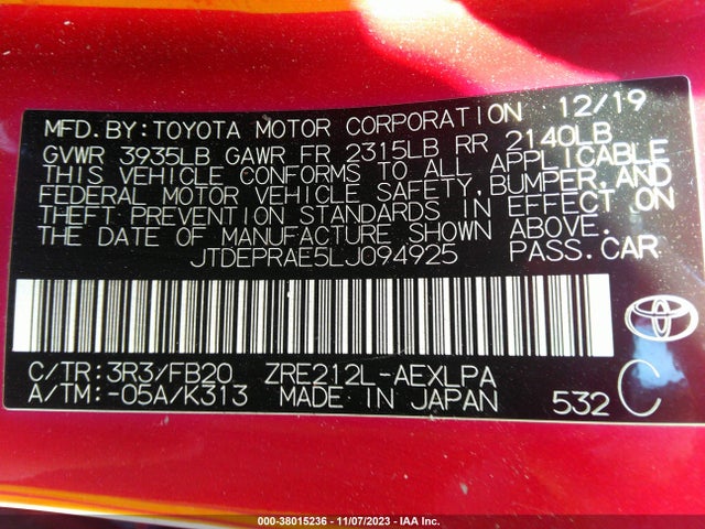 2020 TOYOTA COROLLA LE VIN: JTDEPRAE5LJ094925