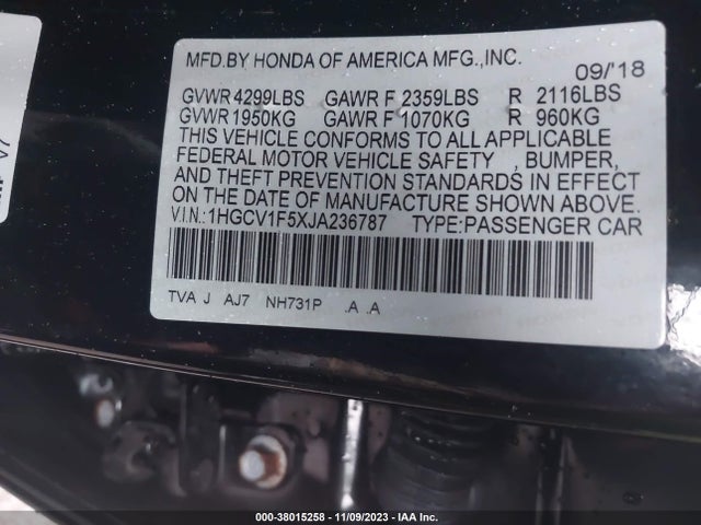Honda Accord Ex-l 2018 1HGCV1F5XJA236787 Image 9