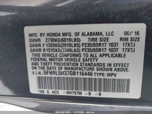 5FNRL5H37GB116446 Honda ODYSSEY SE