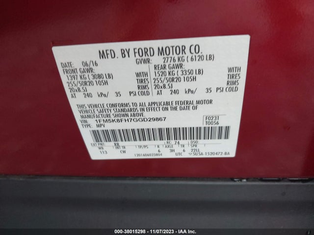 Ford Explorer Limited 2016 1FM5K8FH7GGD29867 Image 9