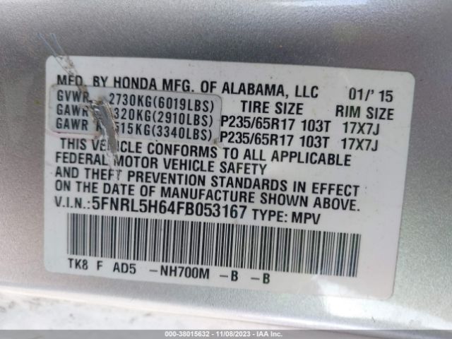 5FNRL5H64FB053167 Honda Odyssey Ex-l