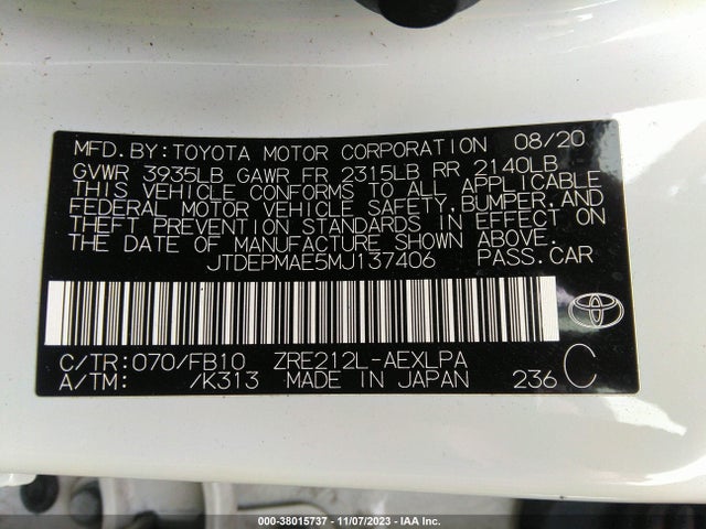 2021 TOYOTA COROLLA LE VIN: JTDEPMAE5MJ137406