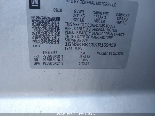 Chevrolet Tahoe Lt 2019 1GNSKBKC9KR169459 Image 9