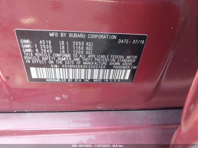 2019 SUBARU LEGACY 2.5I SPORT VIN: 4S3BNAS60K3002169