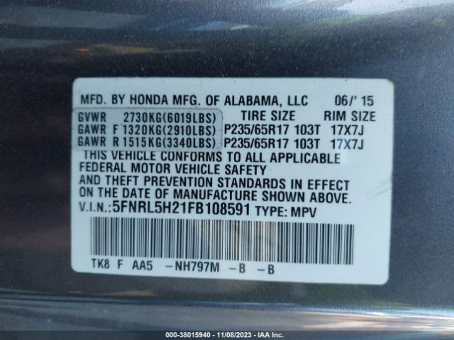 5FNRL5H21FB108591 Honda ODYSSEY LX