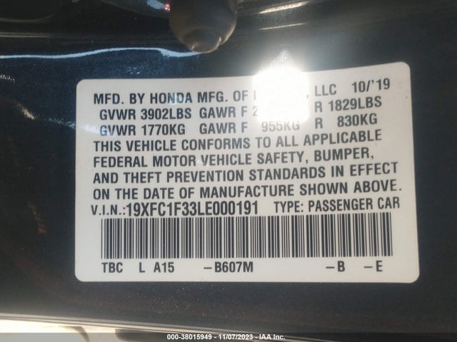Honda CIVIC EX 2020 19XFC1F33LE000191 Image 9