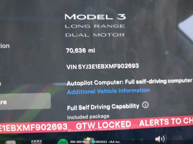 2021 TESLA MODEL 3 LONG RANGE DUAL MOTOR ALL-WHEEL DRIVE VIN: 5YJ3E1EBXMF902693