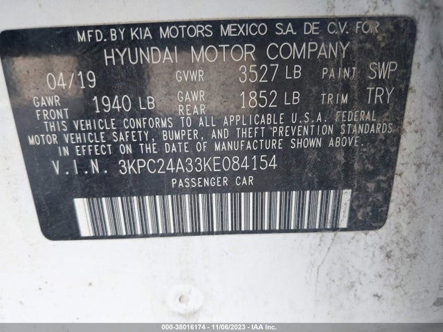 2019 HYUNDAI ACCENT SE VIN: 3KPC24A33KE084154