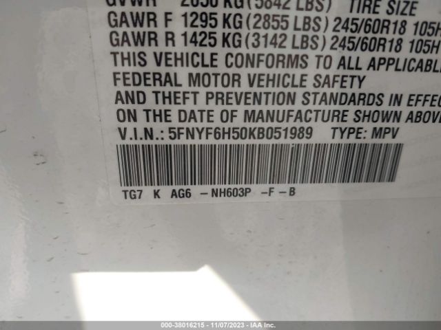 5FNYF6H50KB051989 Honda Pilot Ex-l