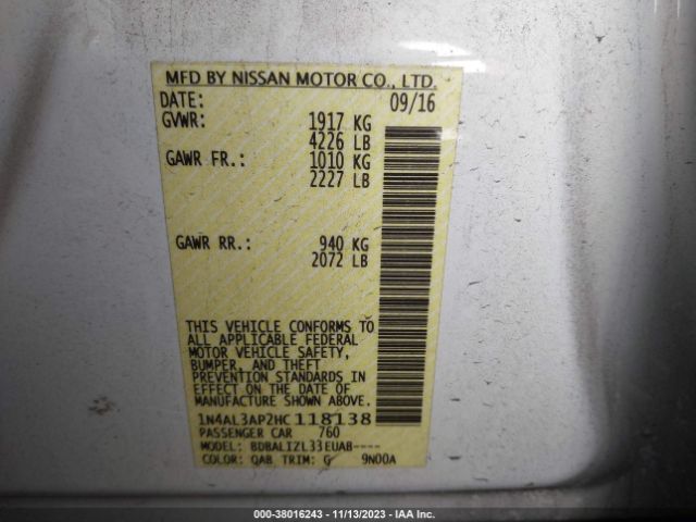 1N4AL3AP2HC118138 Nissan Altima 2.5/2.5 S/2.5 Sl