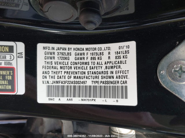 2010 HONDA CIVIC HYBRID VIN: JHMFA3F22AS002497