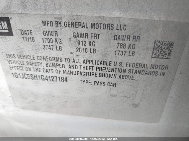 Chevrolet Sonic Lt Auto 2016 1G1JC5SH1G4127184 Image 9