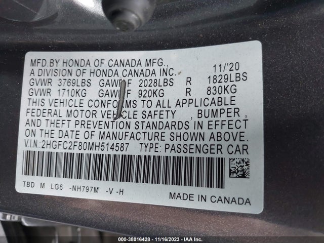 2021 HONDA CIVIC SPORT VIN: 2HGFC2F80MH514587