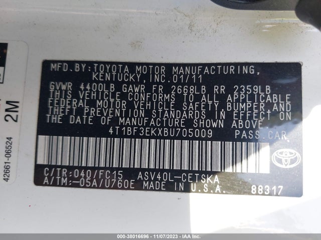 2011 TOYOTA CAMRY VIN: 4T1BF3EKXBU705009