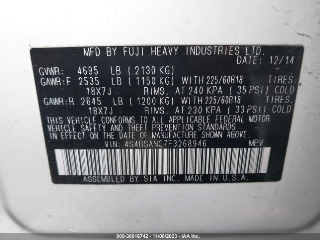 4S4BSANC7F3268946 Subaru Outback 2.5i Limited