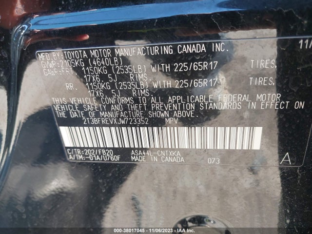 2018 TOYOTA RAV4 LE VIN: 2T3BFREVXJW723352