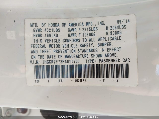 Honda ACCORD EX 2015 1HGCR2F73FA010707 Image 9