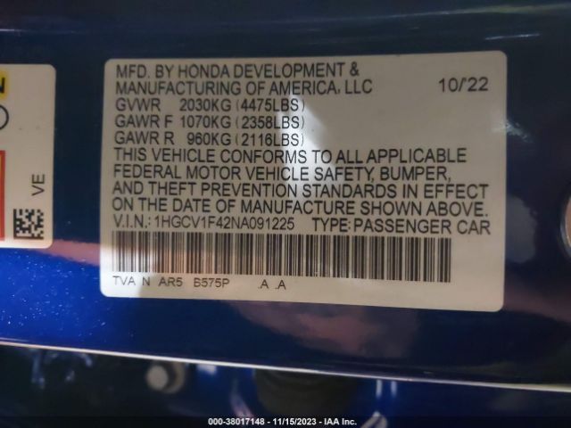 1HGCV1F42NA091225 Honda Accord Sport Special Edition