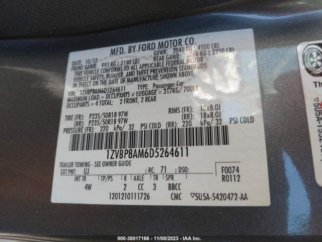 2013 FORD MUSTANG V6 PREMIUM VIN: 1ZVBP8AM6D5264611
