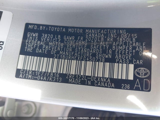 2015 TOYOTA COROLLA LE VIN: 2T1BURHEXFC450738