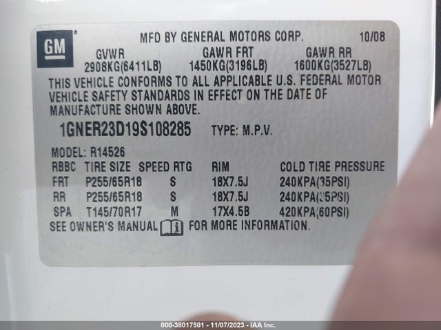 38017501 :رقم المزاد ، 1GNER23D19S108285 vin ، 2009 Chevrolet Traverse Lt W/1lt مزاد بيع