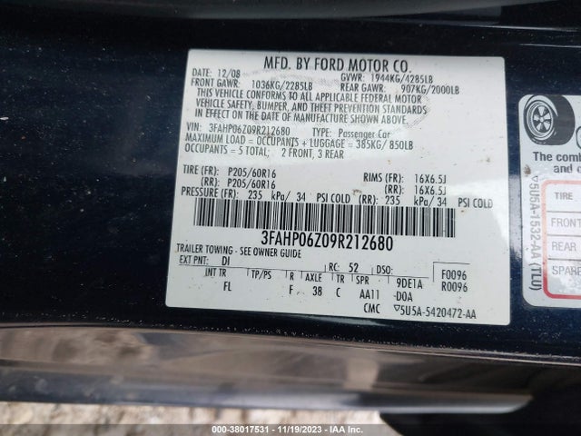 2009 FORD FUSION S VIN: 3FAHP06Z09R212680