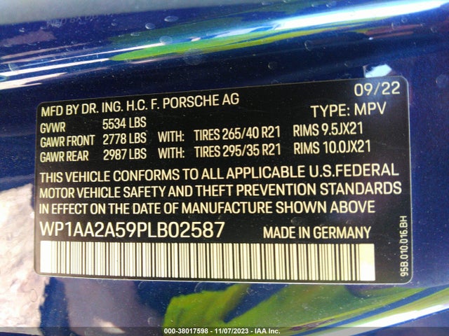2023 PORSCHE MACAN T VIN: WP1AA2A59PLB02587