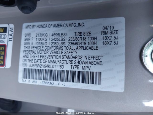 5J6RW2H94KL011163 Honda Cr-v Touring