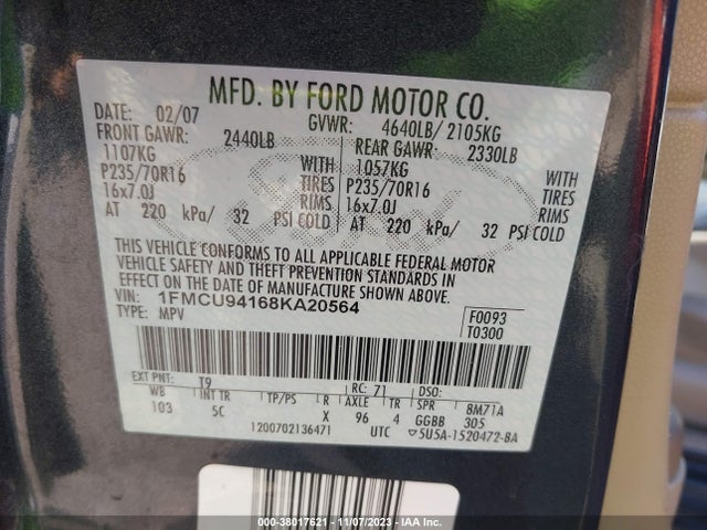 2008 FORD ESCAPE LIMITED VIN: 1FMCU94168KA20564