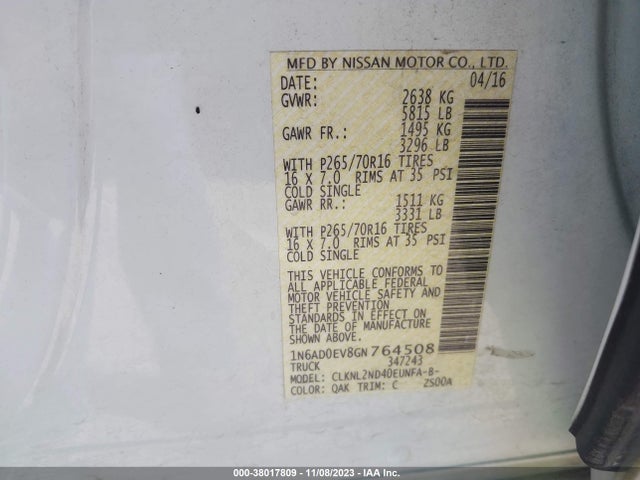 2016 Nissan Frontier Sv მანქანა იყიდება აუქციონზე, vin: 1N6AD0EV8GN764508, აუქციონის ნომერი: 38017809