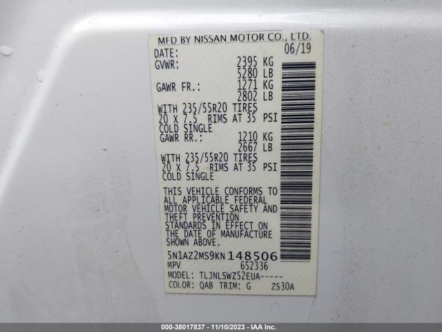 Nissan Murano Platinum 2019 5N1AZ2MS9KN148506 Image 9