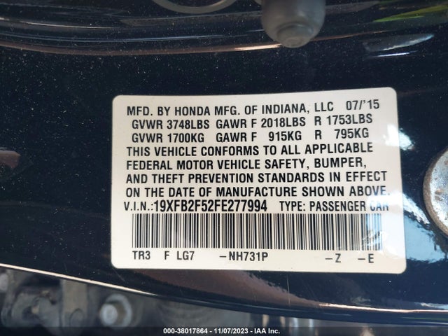 Honda Civic Lx 2015 19XFB2F52FE277994 Image 9