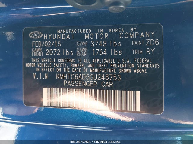 2016 HYUNDAI VELOSTER VIN: KMHTC6AD5GU248753