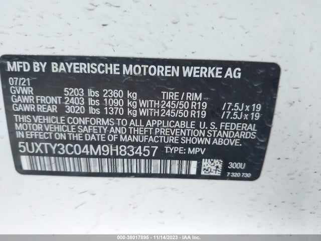 BMW X3  Sdrive30i 2021 5UXTY3C04M9H83457 Image 9