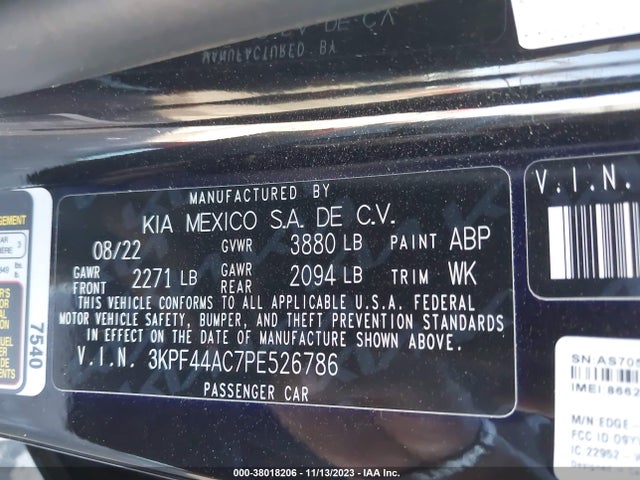 2023 KIA FORTE GT MANUAL VIN: 3KPF44AC7PE526786