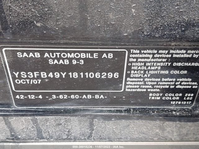 2008 SAAB 9-3 YS3FB49Y181106296 Photo 8