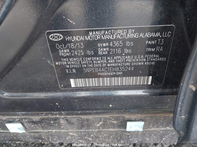 2014 HYUNDAI SONATA GLS VIN: 5NPEB4AC1EH835244