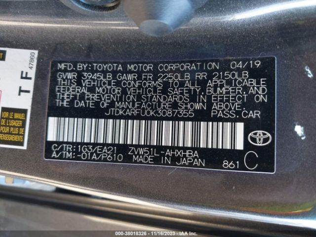 2019 TOYOTA PRIUS JTDKARFU0K3087355 Photo 8